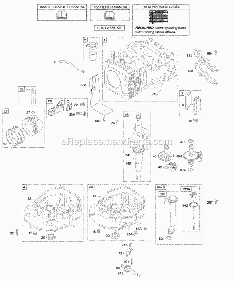 Camshaft Crankshaft Cylinder Engine Sump Lubrication Piston Group Diagram and Parts List for 11A602-0125-E1  Briggs and Stratton Engine